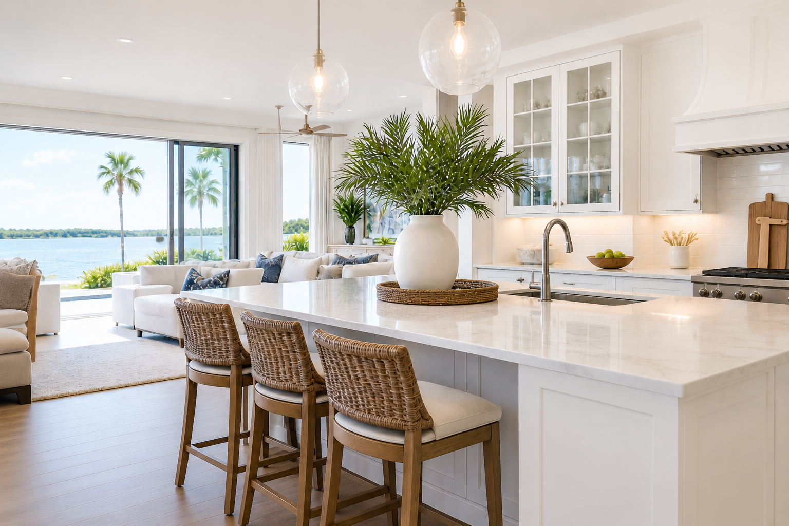 Bright Southwest Florida kitchen with a marble island and waterfront view