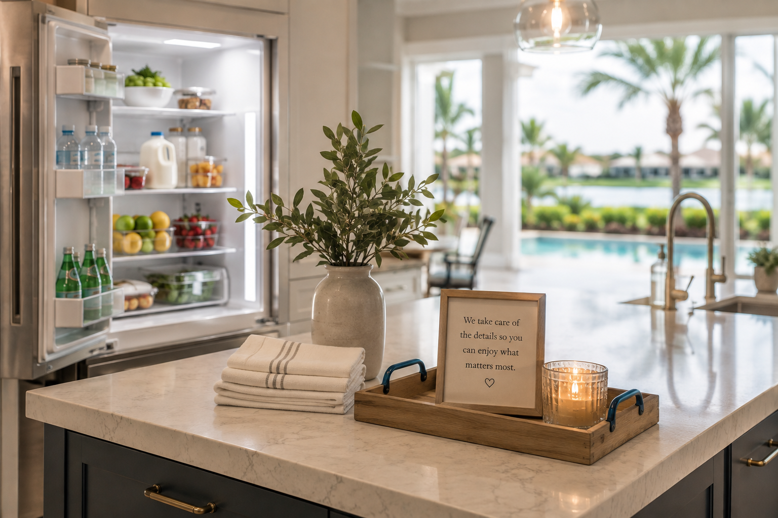 Prepared Southwest Florida kitchen with fresh groceries, linens, and a welcoming arrival setup