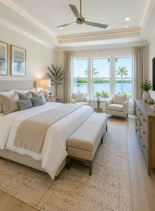 Waterfront bedroom with a king bed and seating area